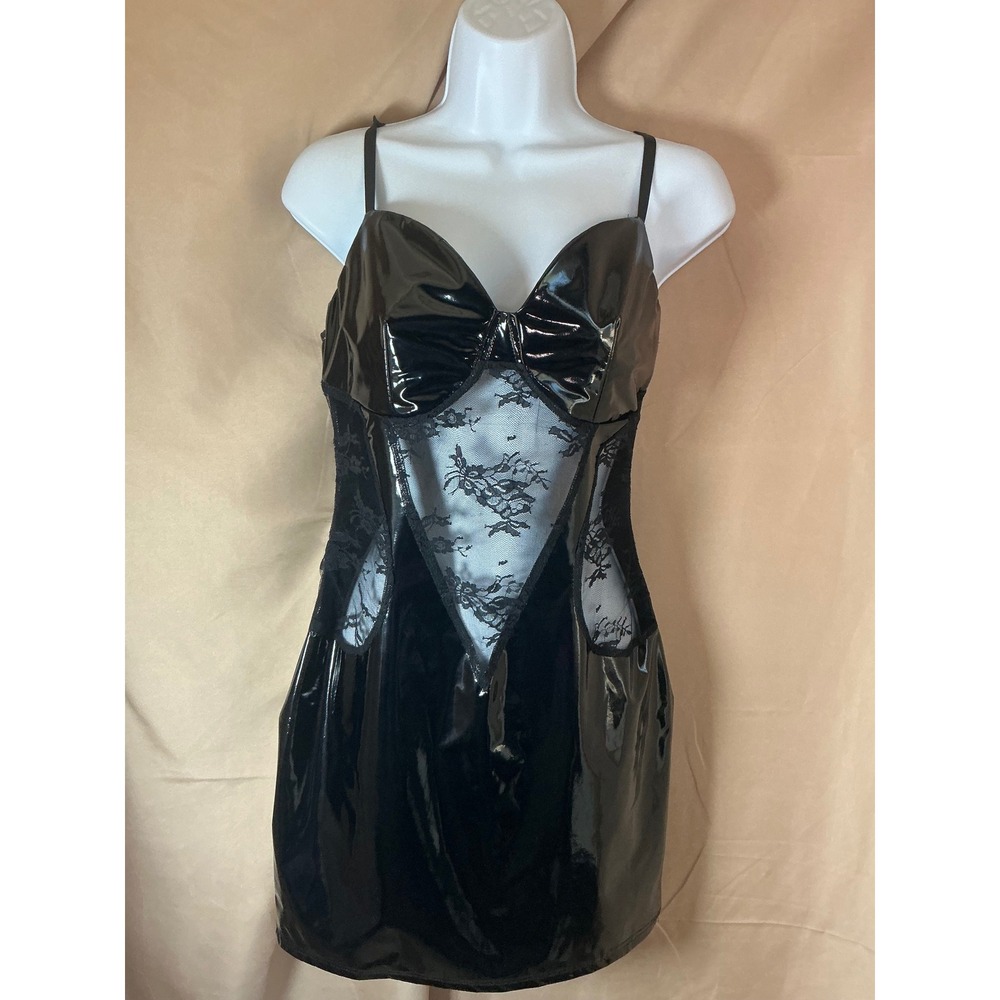 Vinyl Lace Mini Dress Womens Small Black Excellent Bodycon Goth Edgy